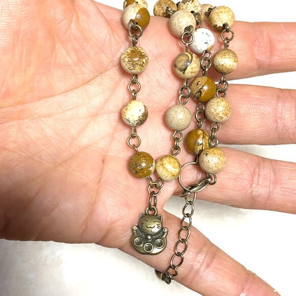 Genuine Yellow Picture Jasper Short Necklace, Cute Bronze Fortune Cat + Gemstone - Picture 15 of 15